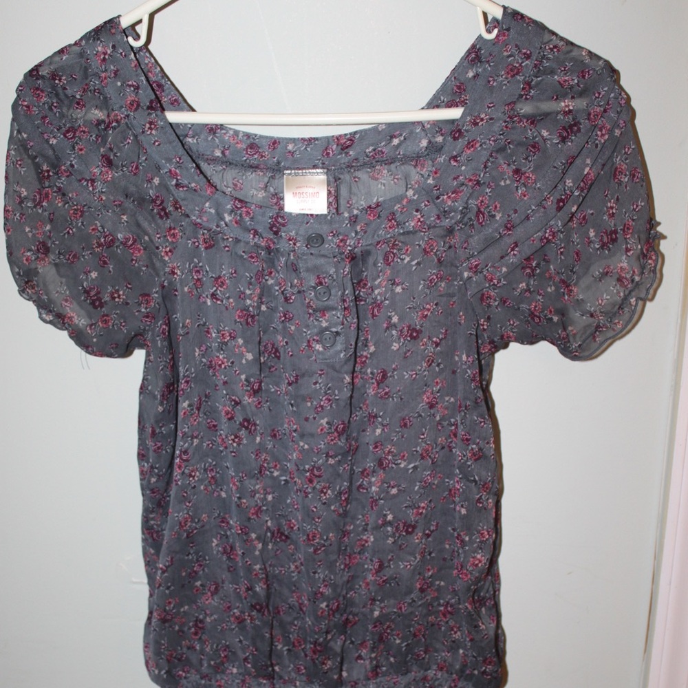 Sheer grey and burgundy floral top